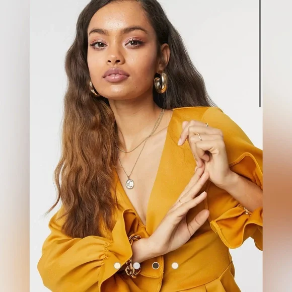 ASOS Design Petite Wrap Plunge Mini Dress with Flute Sleeve in Mustard - Picture 4 of 9